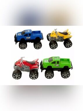 3 Assorted Kids Monster Trucks and ATVs - Blue, Yellow, Red, Green